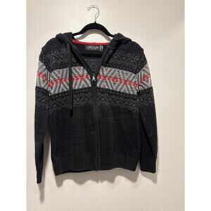 Y2K Retrofit Zip-Up Hooded Sweater - Gray with Patterned